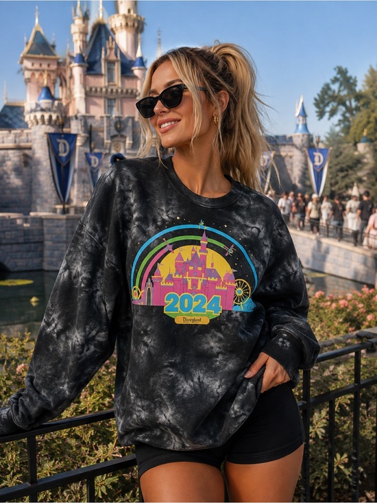 Disney Sweaters - Disney 2024 Black Tie-Dye Crewneck Sweatshirt with Neon Castle Graphic